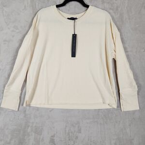 Jane & Delancey Rib Button Long Sleeve Pullover Top Stretch Crew Neck Cream NWT